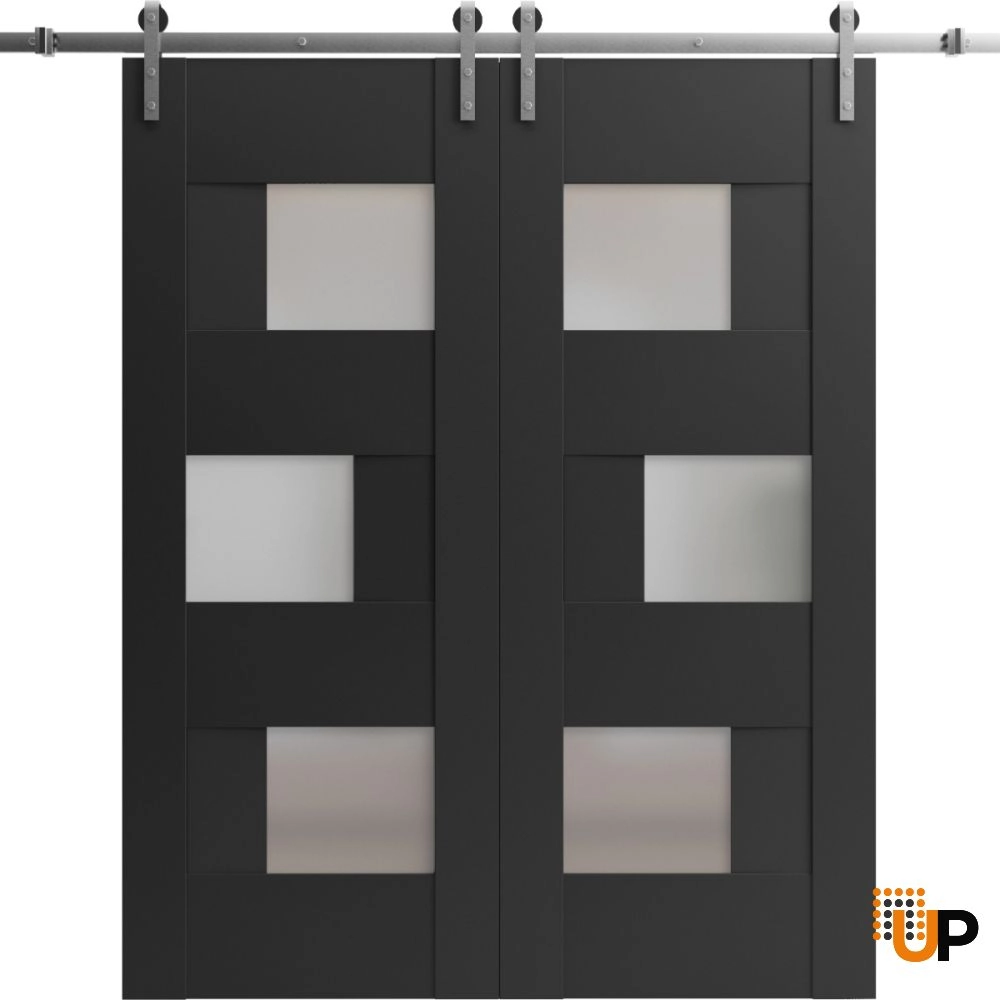 Double mdf sliding french interior barn double door with frosted glass | Sete 6933 Black Matte | 36 x 80 (2* 18x80) photo#1