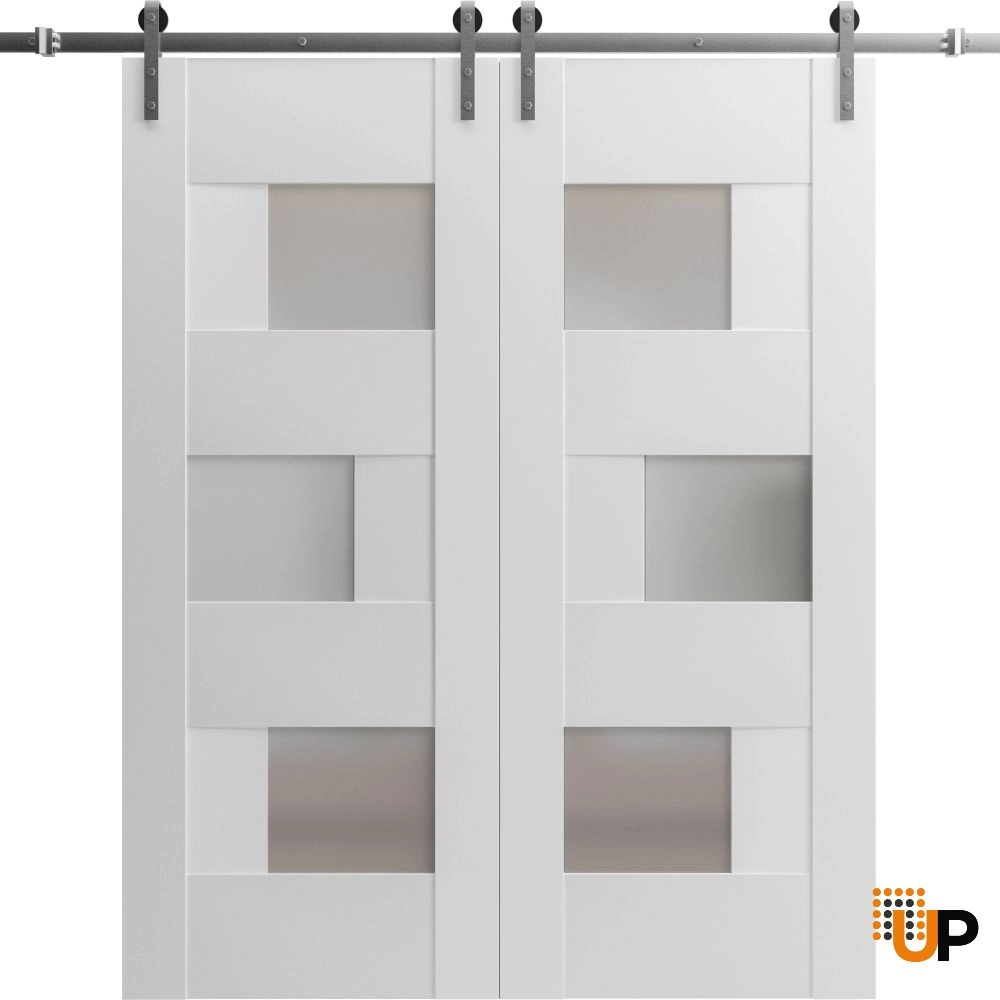 Double mdf sliding french interior barn double door with frosted glass | Sete 6933 White | 36 x 80 (2* 18x80) photo#1