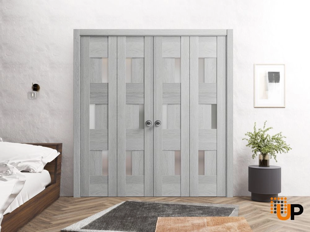 4 folding panels mdf sliding modern interior bi-fold double door with frosted glass | Sete 6933 Light Grey Oak | 72 x 80 (4* 18x80) photo#2