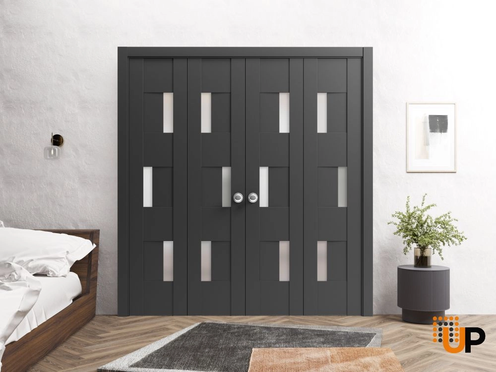 4 folding panels mdf sliding modern interior bi-fold double door with frosted glass | Sete 6933 Black Matte | 72 x 80 (4* 18x80) photo#2