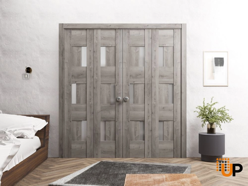 4 folding panels mdf sliding modern interior bi-fold double door with frosted glass | Sete 6933 Nebraska Grey | 72 x 80 (4* 18x80) photo#2