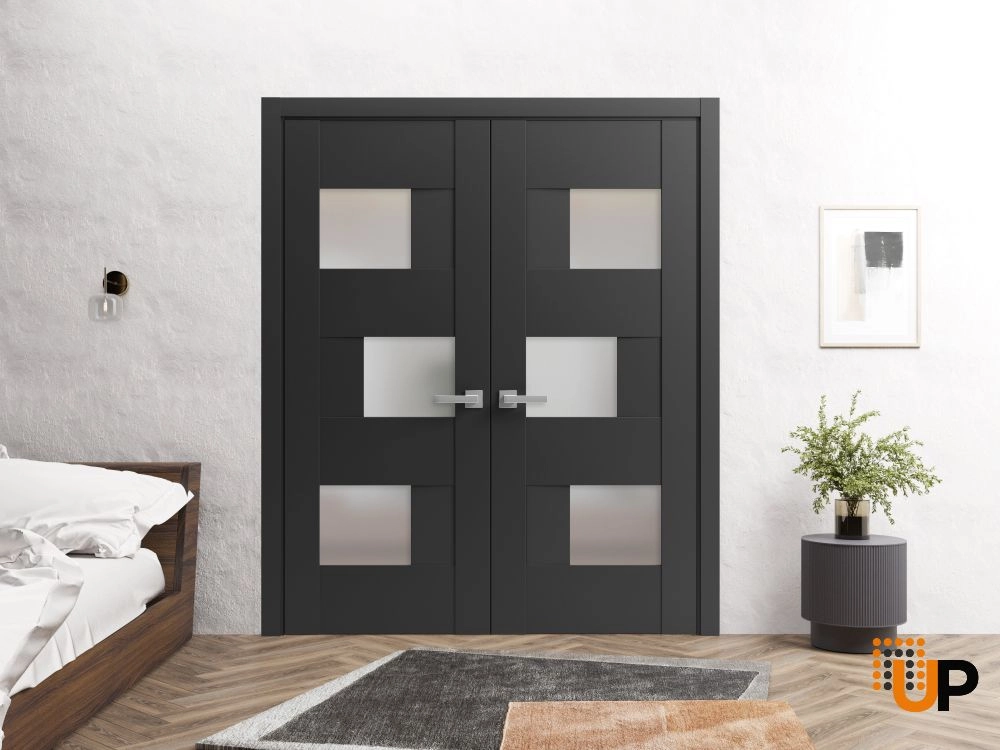 Double mdf french interior swing double door with frosted glass | Sete 6933 Black Matte | 36 x 80 (2* 18x80) photo#2