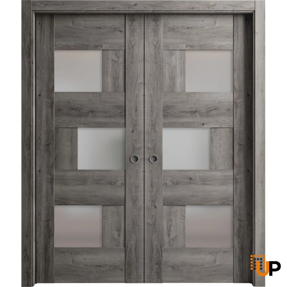 Double mdf sliding modern interior pocket double door with frosted glass | Sete 6933 Nebraska Grey | 36 x 80 (2* 18x80) photo#1
