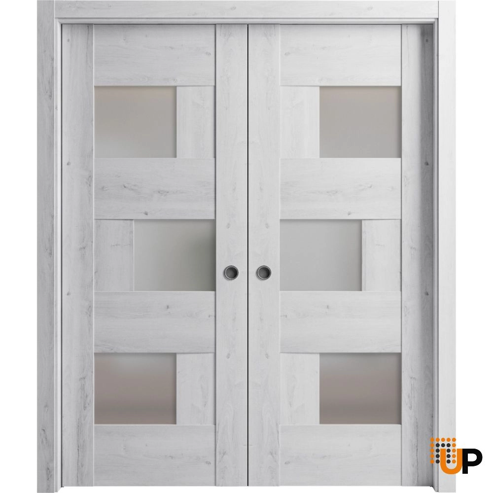 Double mdf sliding modern interior pocket double door with frosted glass | Sete 6933 Nordic White | 36 x 80 (2* 18x80) photo#1