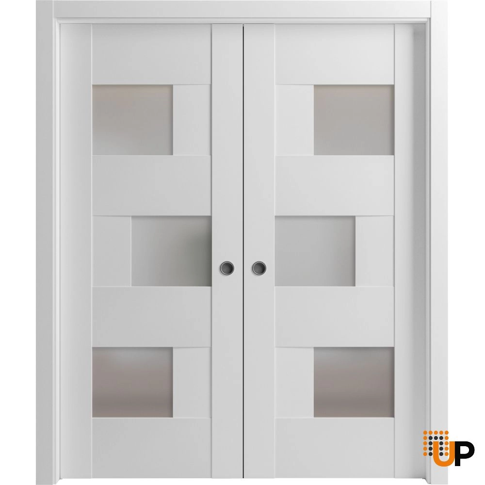Double mdf sliding interior pocket double door with frosted glass | Sete 6933 White | 36 x 80 (2* 18x80) photo#1