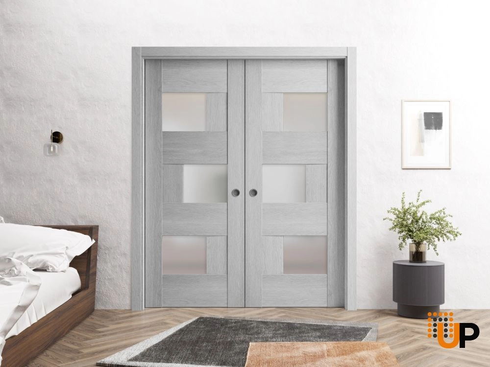 Double mdf sliding modern interior pocket double door with frosted glass | Sete 6933 Light Grey Oak | 84 x 96 (2* 42x96) photo#2