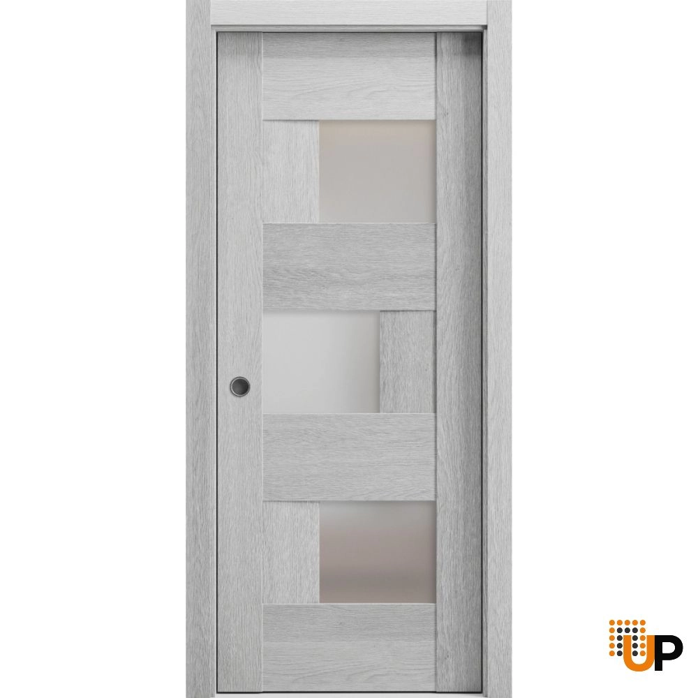 Single mdf sliding modern interior pocket door with frosted glass | Sete 6933 Light Grey Oak | 18 x 80 photo#1