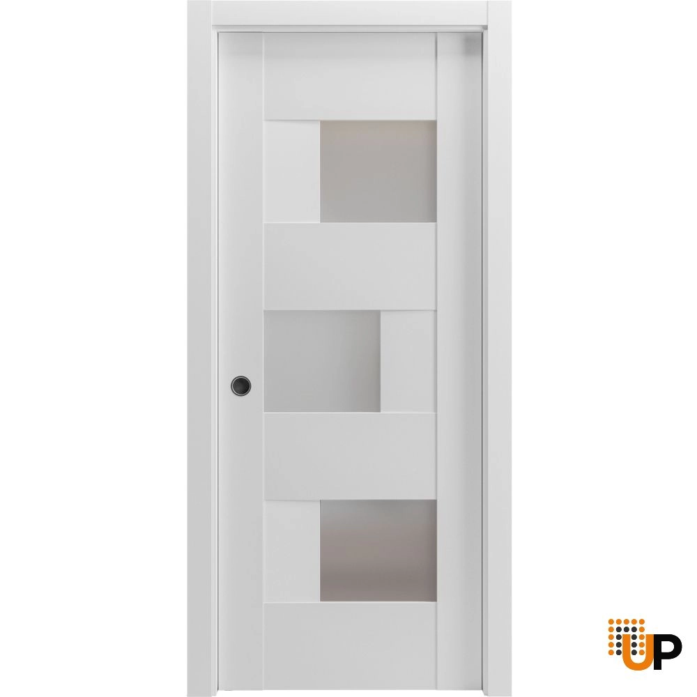 Single mdf sliding interior pocket door with frosted glass | Sete 6933 White | 18 x 80 photo#1