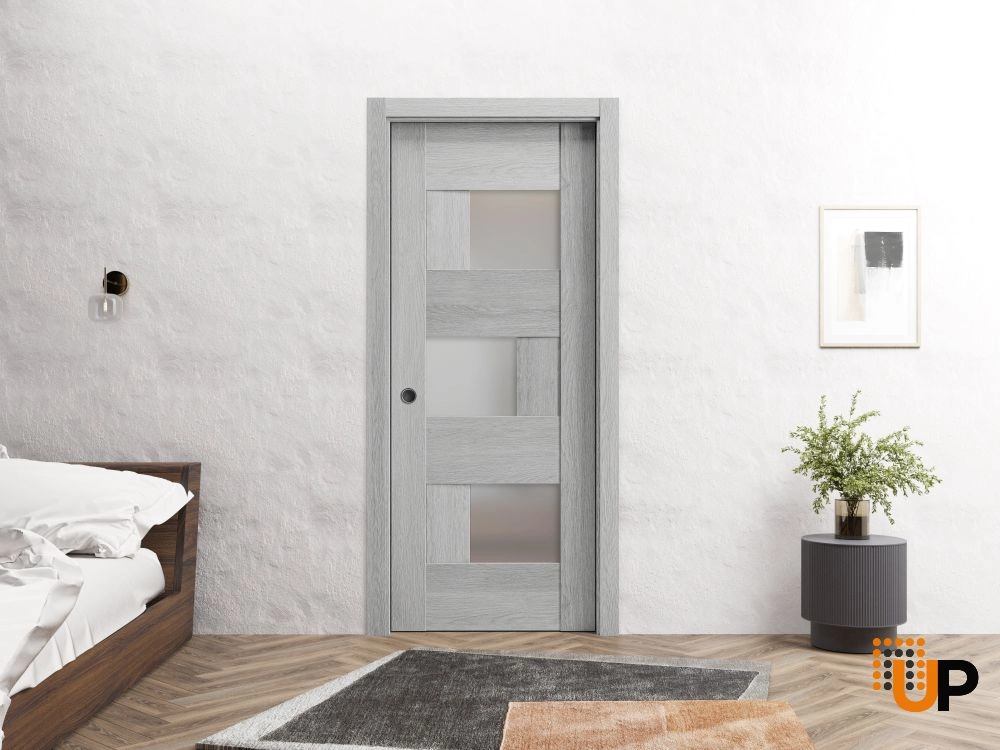 Single mdf sliding modern interior pocket door with frosted glass | Sete 6933 Light Grey Oak | 30 x 80 photo#2