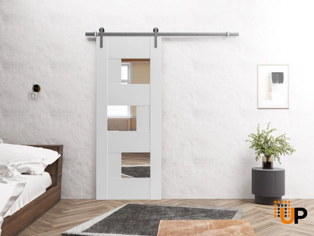 Modern mdf interior barn door with mirror glass | Sete 6999 White | 36 x 96 photo#3