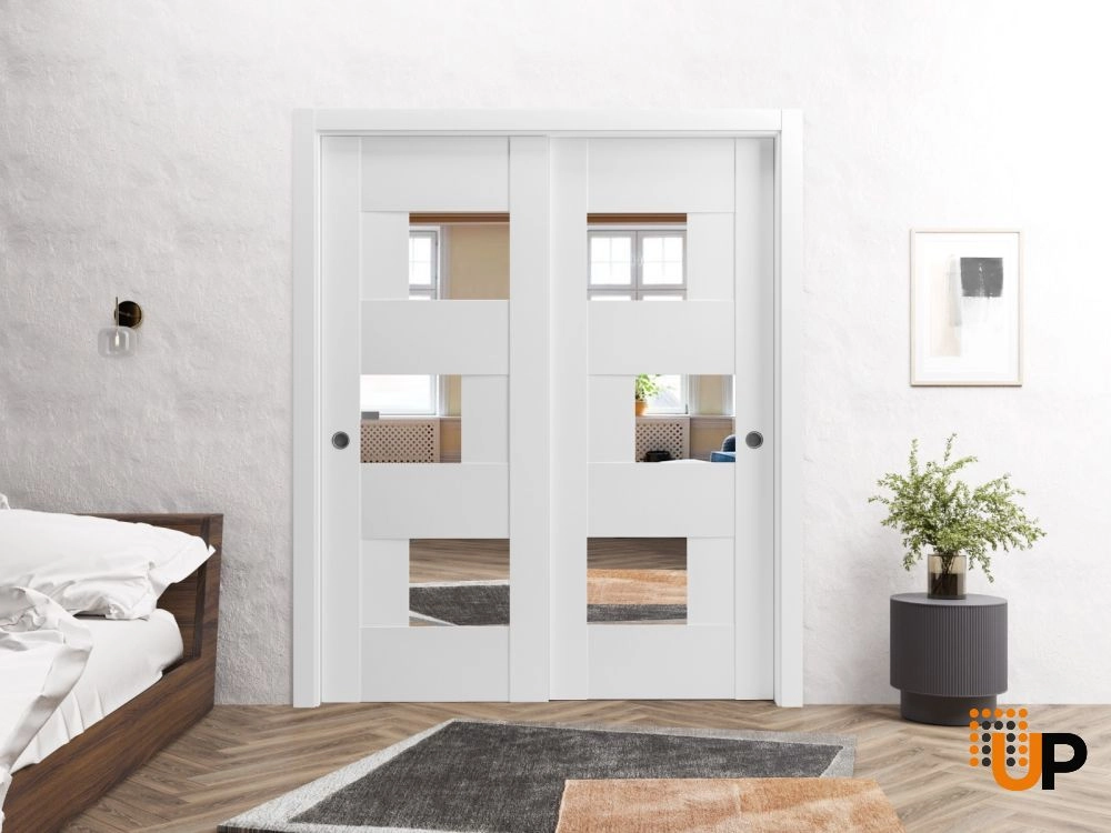 Double mdf sliding interior closet bypass door with mirror glass | Sete 6999 White | 60 x 96 (2* 30x96) photo#3