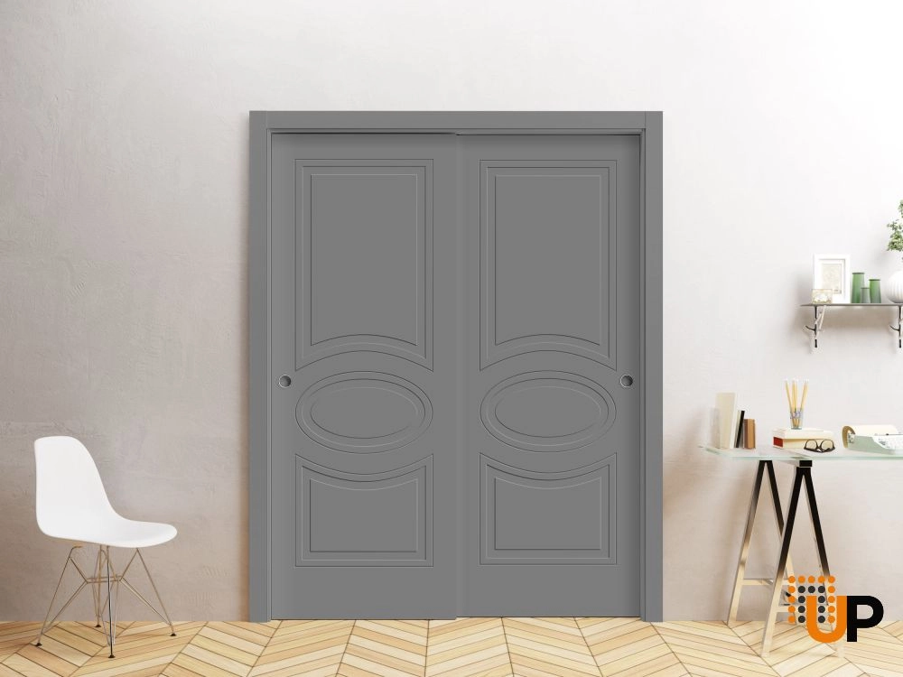 Double solid core sliding interior closet bypass door | Mela 7001 Painted Grey | 36 x 80 (2* 18x80) photo#2