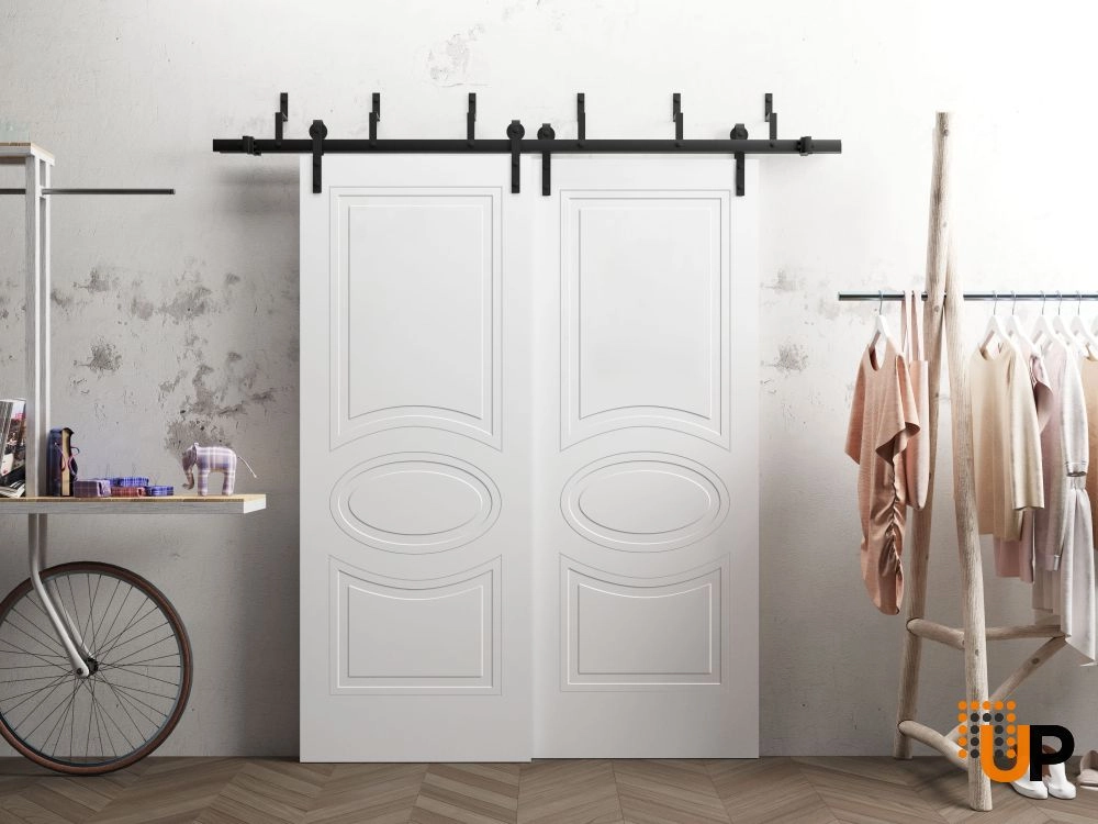Double solid core sliding interior barn bypass door | Mela 7001 Painted White | 36 x 80 (2* 18x80) photo#2