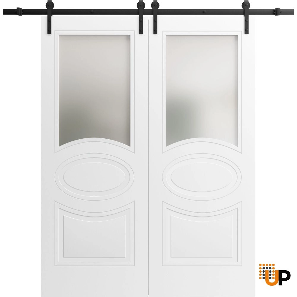 Double solid core sliding french interior barn double door with frosted glass | Mela 7012 Painted White | 36 x 80 (2* 18x80) photo#1