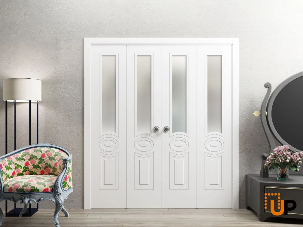 4 folding panels solid core sliding french interior bi-fold double door with frosted glass | Mela 7012 Painted White | 72 x 80 (4* 18x80) photo#2