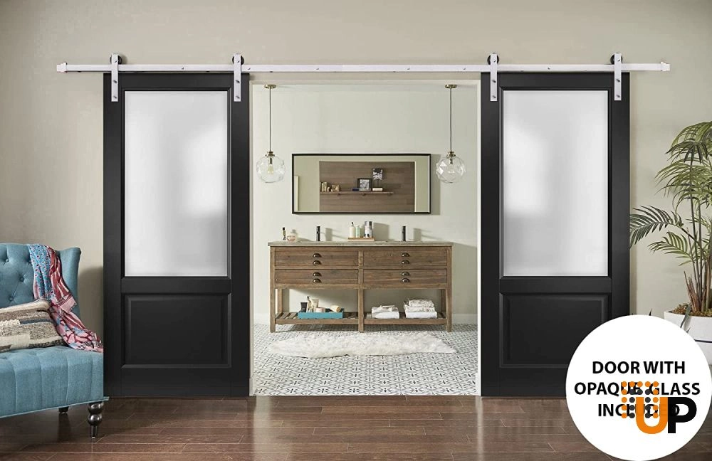 Double solid core sliding french interior barn double door with frosted glass | Lucia 22 Black Matte | 36 x 80 (2* 18x80) photo#2