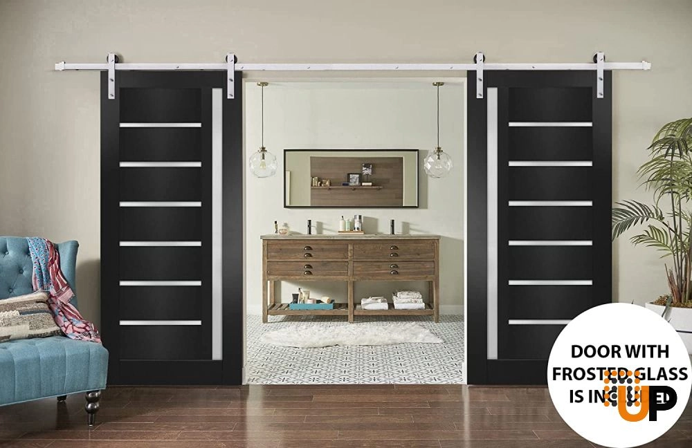 Double mdf sliding french interior barn double door with frosted glass | Quadro 4088  Black Matte | 36 x 80 (2* 18x80) photo#2
