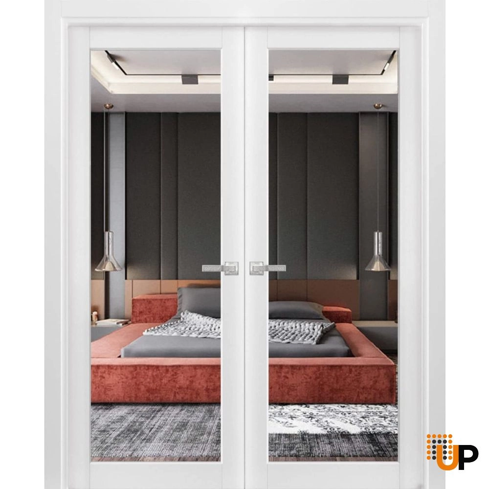 Double solid core french interior swing double door with mirror glass | Lucia 1299 White | 36 x 80 (2* 18x80) photo#1