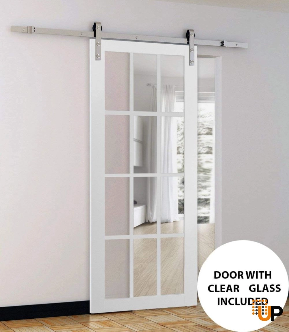 Single solid core sliding classic interior barn door with clear glass | Felicia 3355 White | 18 x 80 photo#2