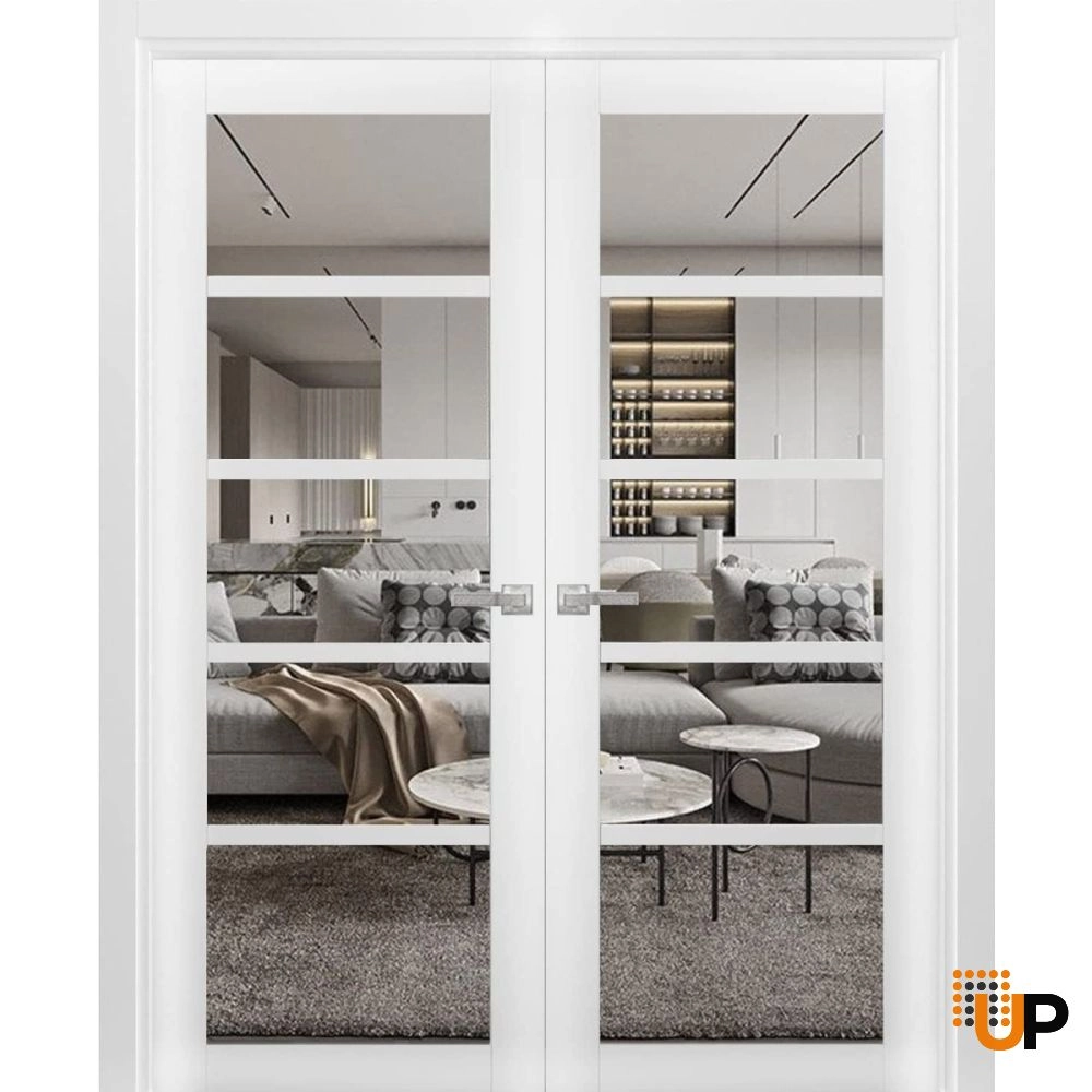 Double mdf french interior swing double door with clear glass | Quadro 4522 White | 36 x 80 (2* 18x80) photo#1