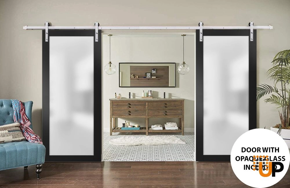 Double solid core sliding french interior barn double door with frosted glass | Planum 2102 Black Matte | 36 x 80 (2* 18x80) photo#2