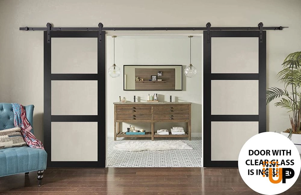 Double solid core sliding french interior barn double door with clear glass | Lucia 2555 Black Matte | 36 x 80 (2* 18x80) photo#2