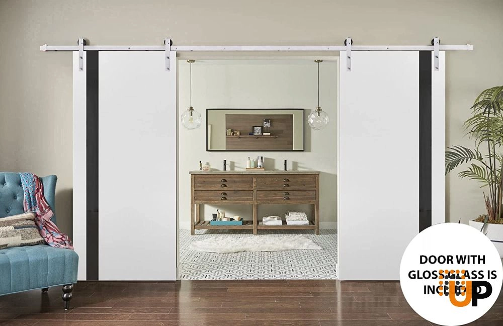 Double solid core sliding flush interior barn double door with black glass | Planum 0040 White | 84 x 80 (2* 42x80) photo#4