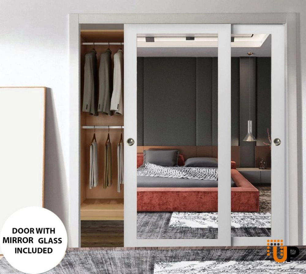 Double solid core sliding luxury interior closet bypass door with mirror glass | Lucia 1299 White | 36 x 80 (2* 18x80) photo#2