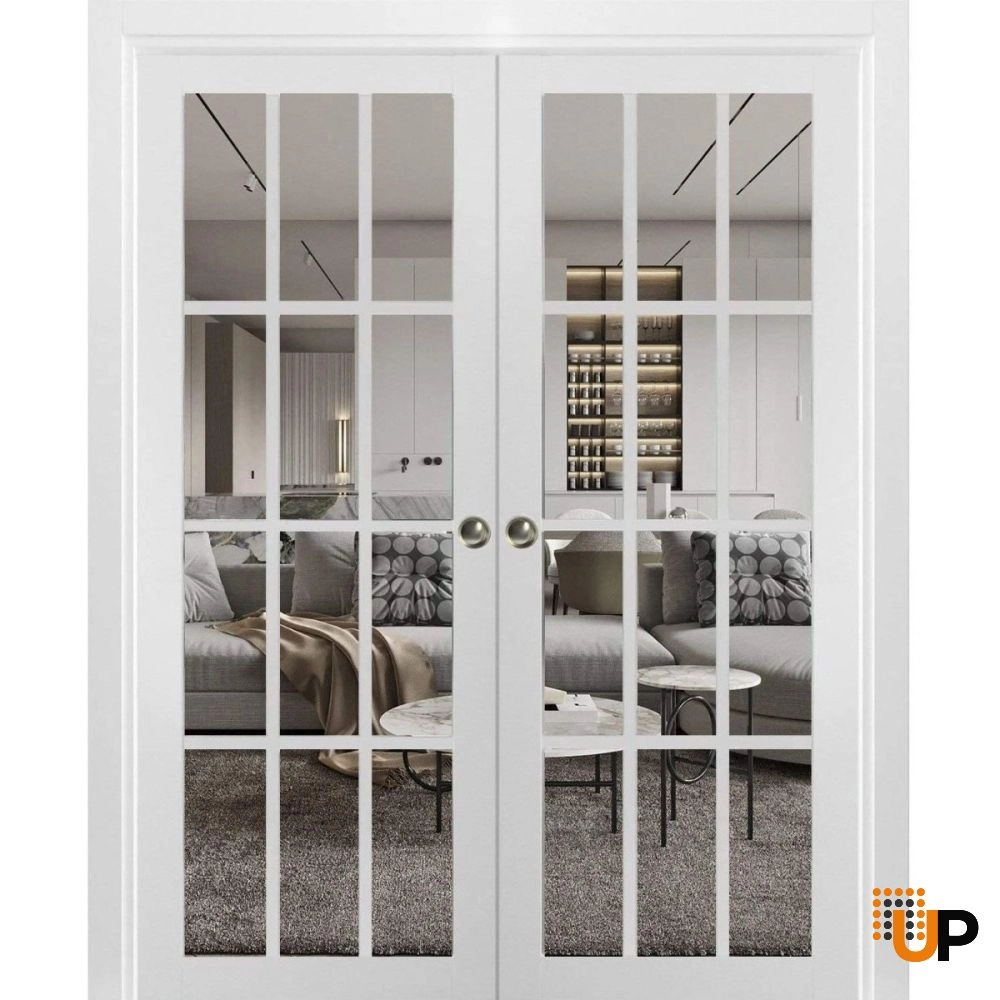 Double solid core sliding french interior pocket double door with clear glass | Felicia 3355 White | 72 x 80 (2* 36x80) photo#1