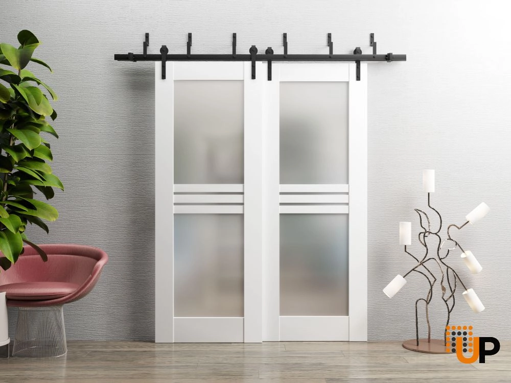 Double mdf sliding interior barn bypass door with frosted glass | Mela 7222 White | 36 x 80 (2* 18x80) photo#2
