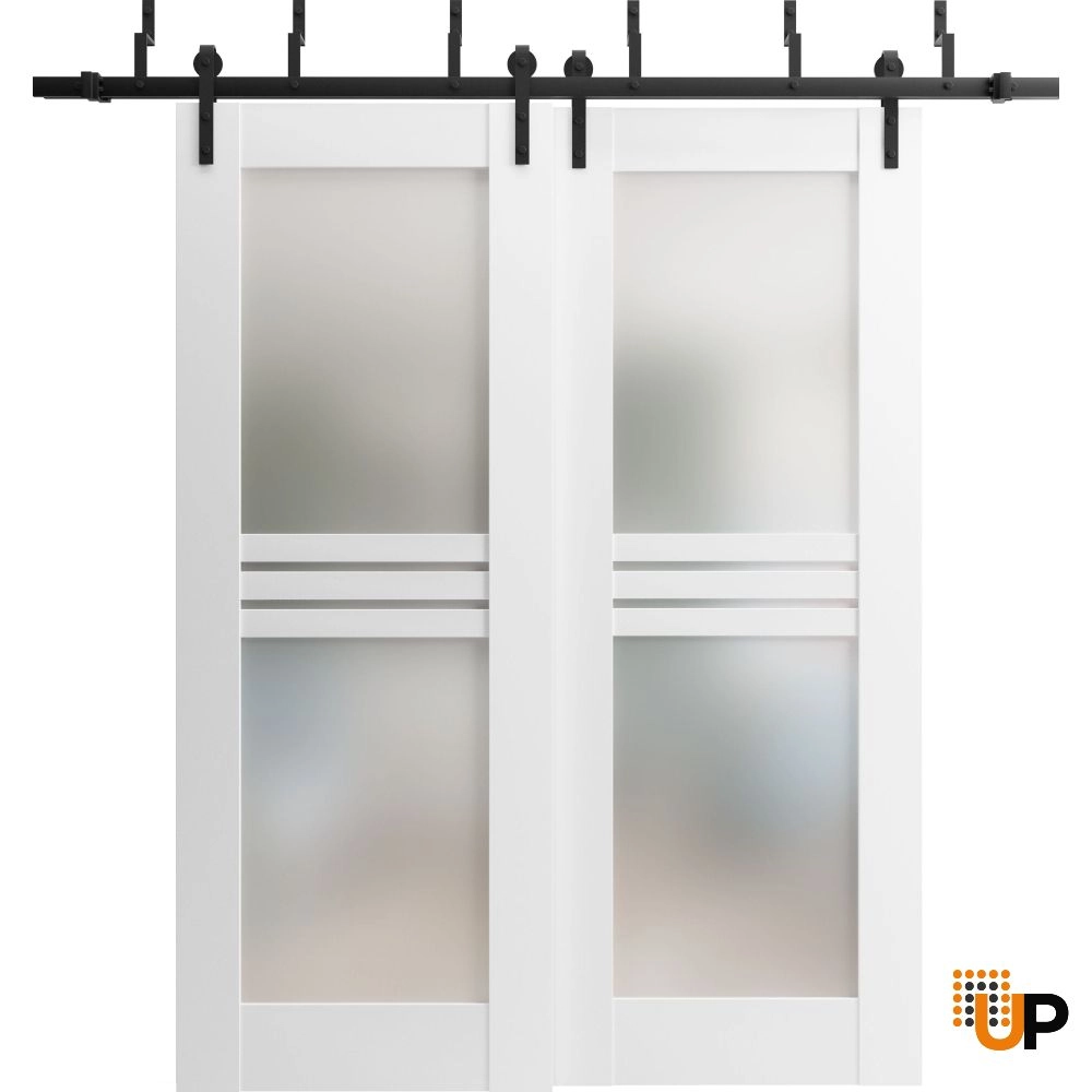 Double mdf sliding interior barn bypass door with frosted glass | Mela 7222 White | 36 x 80 (2* 18x80) photo#1