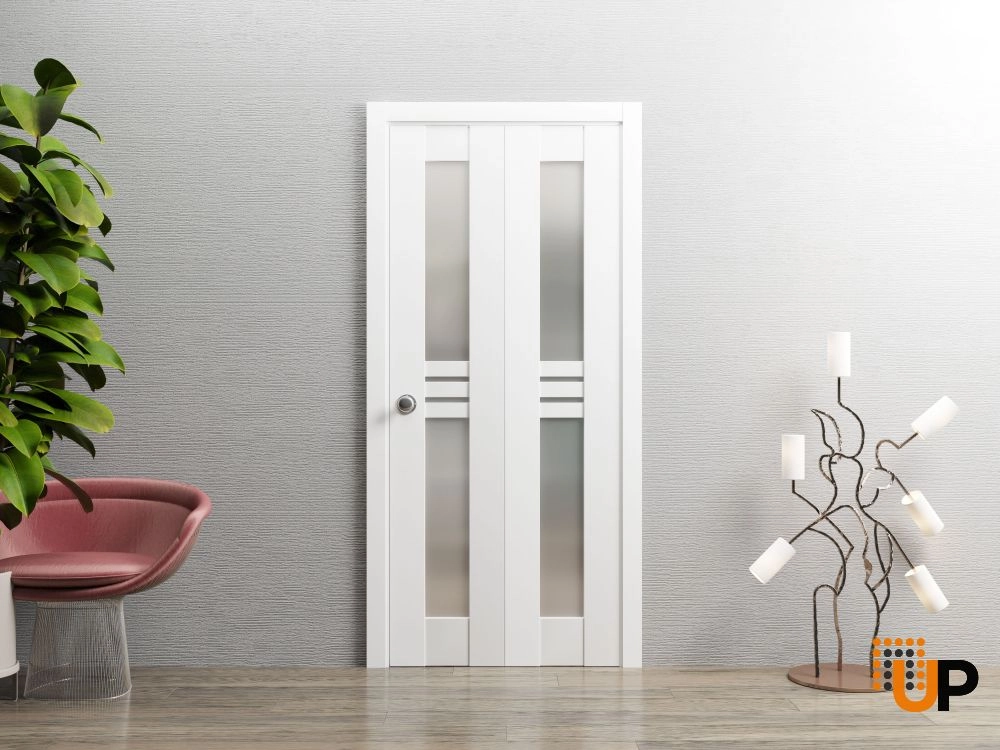 2 folding panels mdf sliding french interior bi-fold door with frosted glass | Mela 7222 White | 36 x 80 (2* 18x80) photo#2