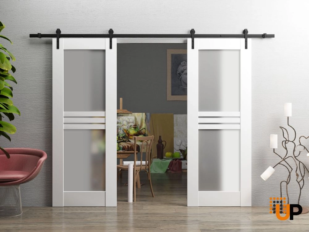 Double mdf sliding french interior barn double door with frosted glass | Mela 7222 White | 36 x 80 (2* 18x80) photo#2