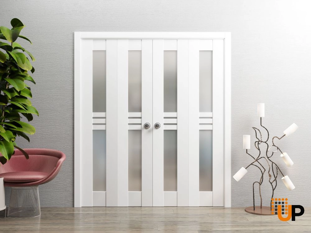 4 folding panels mdf sliding french interior bi-fold double door with frosted glass | Mela 7222 White | 72 x 80 (4* 18x80) photo#2