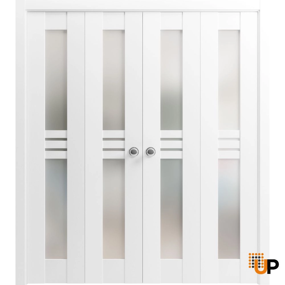 4 folding panels mdf sliding french interior bi-fold double door with frosted glass | Mela 7222 White | 72 x 80 (4* 18x80) photo#1
