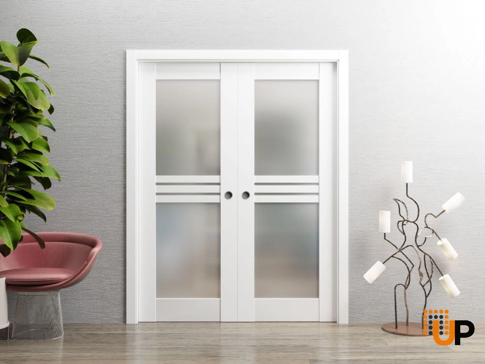 Double mdf sliding interior pocket double door with frosted glass | Mela 7222 White | 84 x 96 (2* 42x96) photo#2