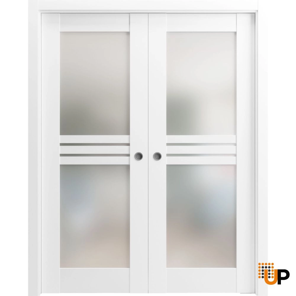 Double mdf sliding interior pocket double door with frosted glass | Mela 7222 White | 36 x 96 (2* 18x96) photo#1
