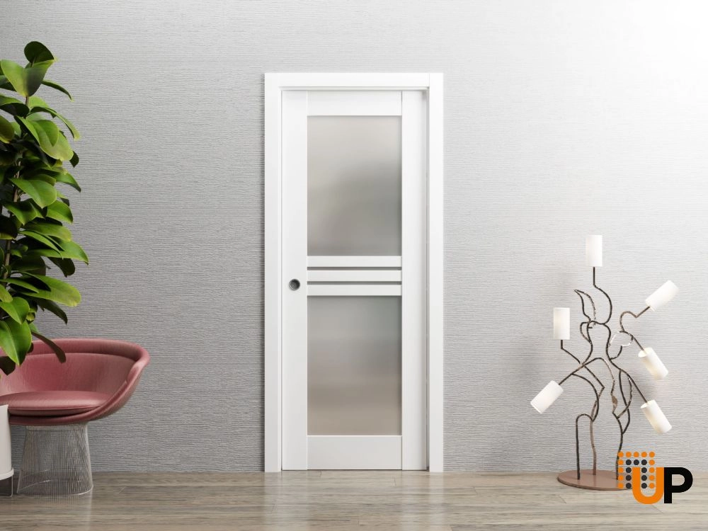 Single mdf sliding interior pocket door with frosted glass | Mela 7222 White | 30 x 84 photo#2