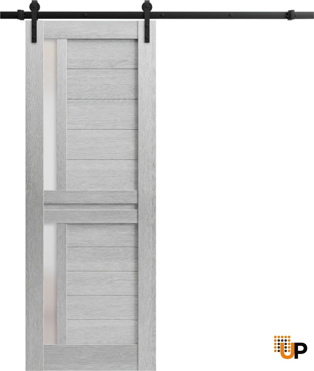 Single laminate sliding modern interior barn door with frosted glass | Veregio 7288 Light Grey Oak | 28 x 96 photo#1