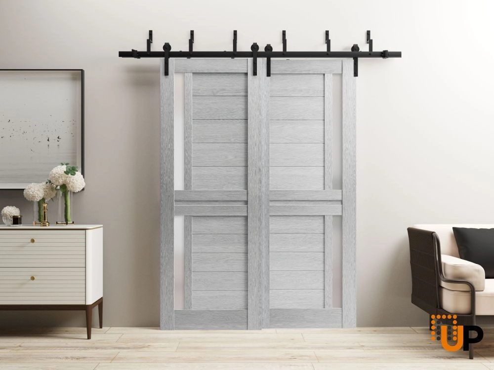 Single laminate modern interior door slab with frosted glass | Veregio 7288 Light Grey Oak | 18 x 80 photo#2
