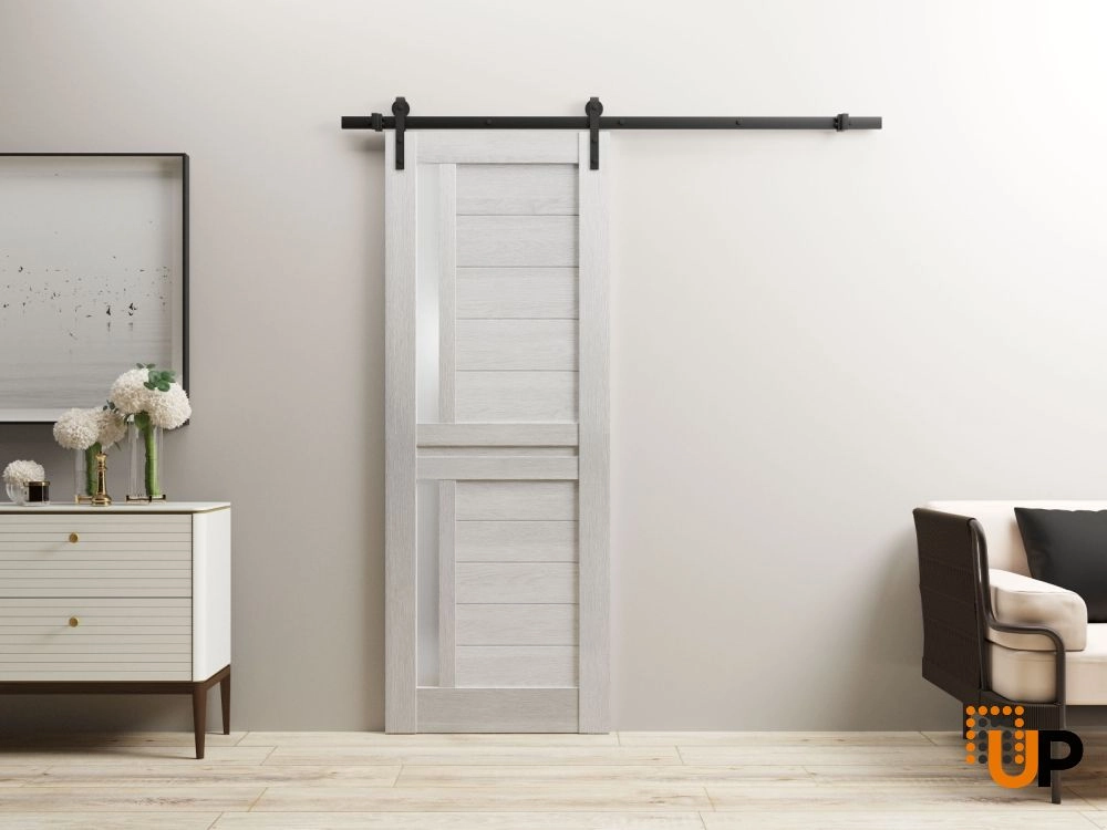 Single laminate sliding modern interior barn door with frosted glass | Veregio 7288 Light Grey Oak | 36 x 80 photo#2