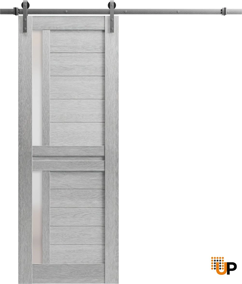 Single laminate sliding modern interior barn door with frosted glass | Veregio 7288 Light Grey Oak | 42 x 96 photo#1