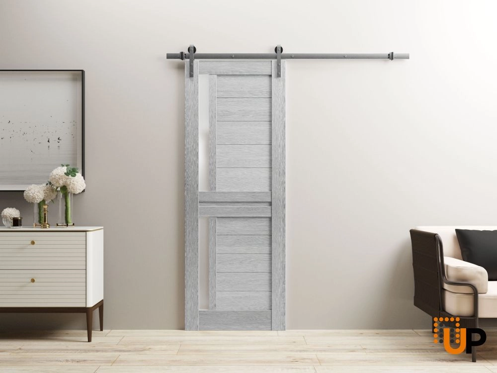 Single laminate sliding modern interior barn door with frosted glass | Veregio 7288 Light Grey Oak | 30 x 96 photo#2