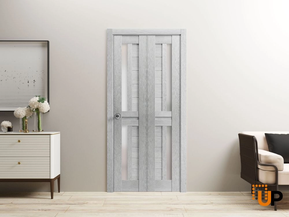 2 folding panels laminate sliding modern interior bi-fold door with frosted glass | Veregio 7288 Light Grey Oak | 36 x 80 (2* 18x80) photo#2