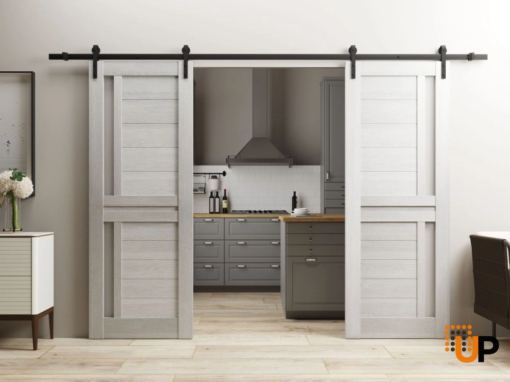 Double laminate sliding french interior barn double door with frosted glass | Veregio 7288 Light Grey Oak | 48 x 80 (2* 24x80) photo#2