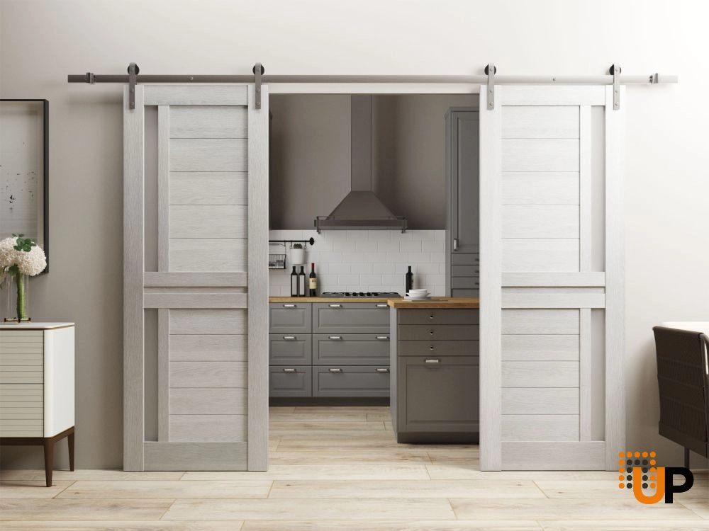 Double laminate sliding french interior barn double door with frosted glass | Veregio 7288 Light Grey Oak | 64 x 84 (2* 32x84) photo#2