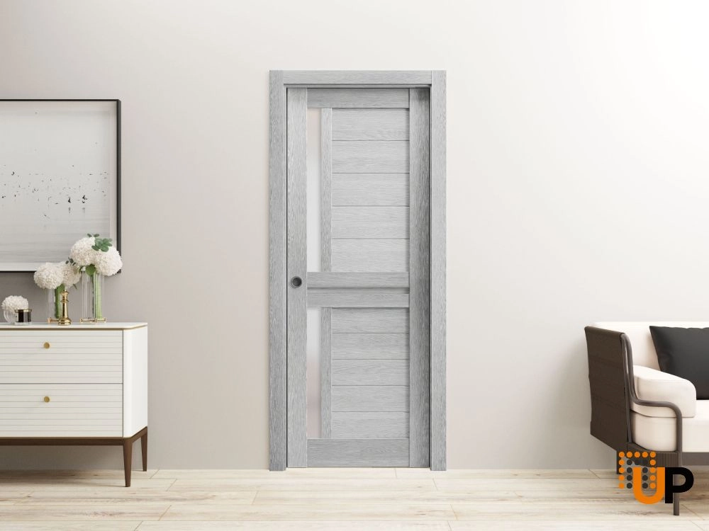 Single laminate modern interior door slab with frosted glass | Veregio 7288 Light Grey Oak | 18 x 80 photo#4
