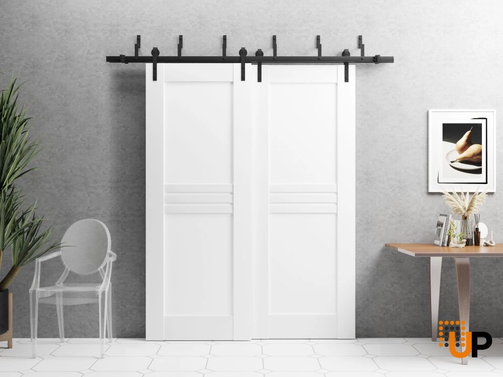 Double mdf sliding luxury interior barn bypass door | Mela 7444 White | 36 x 80 (2* 18x80) photo#2
