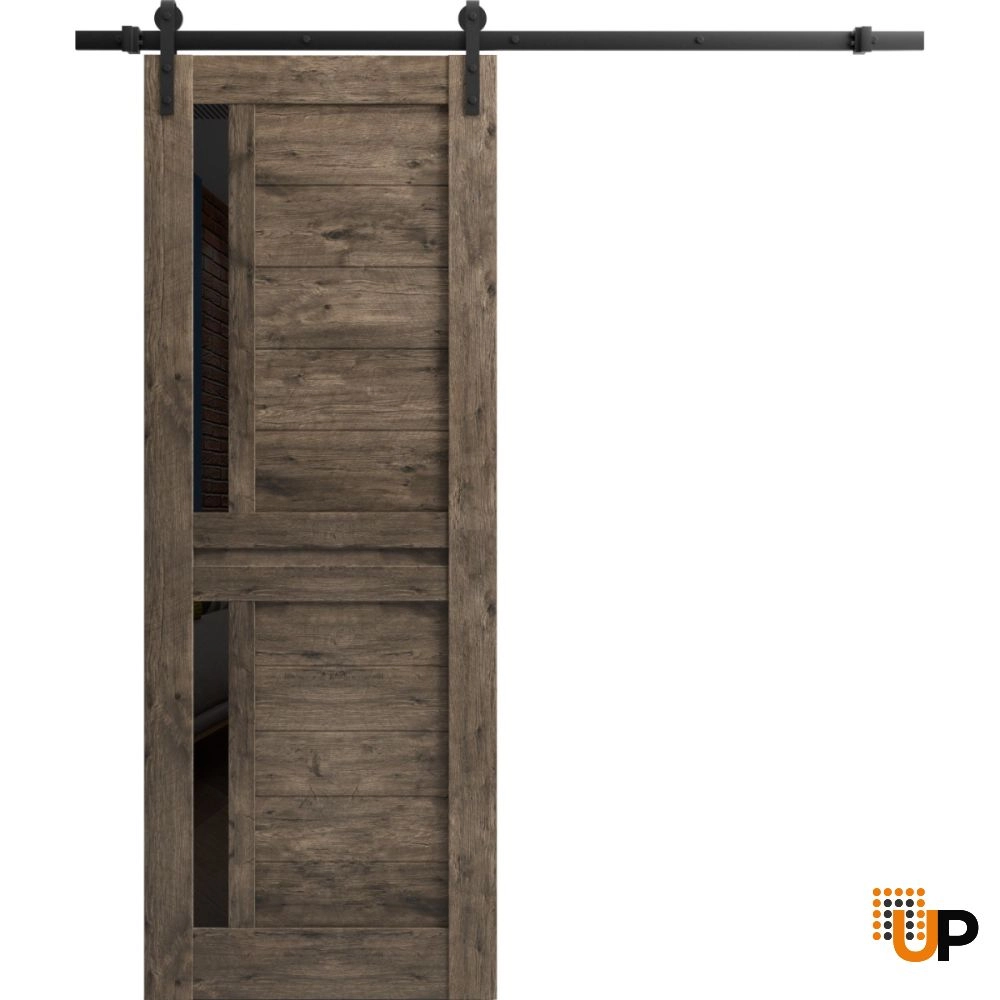 Single laminate sliding modern interior barn door with black glass | Veregio 7588  Cognac Oak | 18 x 80 photo#1