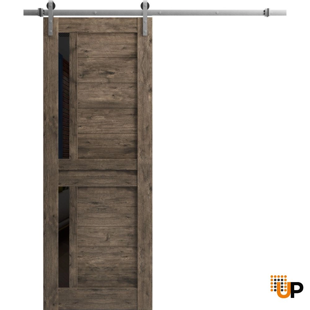 Single laminate sliding modern interior barn door with black glass | Veregio 7588  Cognac Oak | 18 x 80 photo#1